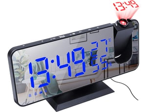 Radio-réveil à projection radio-réveil numérique 4 gradateurs et rotatif à 180 ° et 2 sons 7.4 '' grand écran miroir noir-bleu