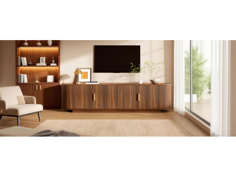  Meuble tv noyer 180 cm, banc tv 4 portes avec façades ondulées 3d et bords arrondis, design moderne et élégant pour salon, charge 70kg.  - Conforama R