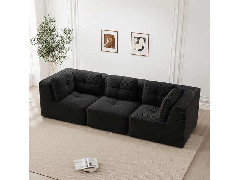  Canapé 3 places modulaire sans cadre en velours côtelé noir, assise profonde  - Conforama E