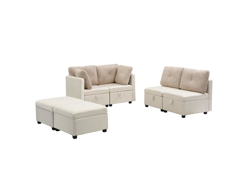  Canapé-lit, 261 × 132,5 × 85 cm, beige, velours côtelé, forme l, forme u, 6 modules, modules reconfigurables, ottoman mobile  - Conforama A