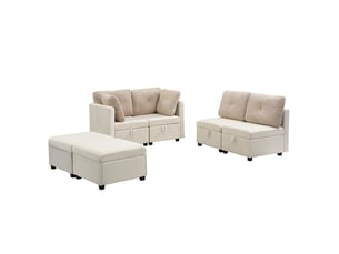 Canapé droit convertible 6 places Velours beige avec coffre de rangement