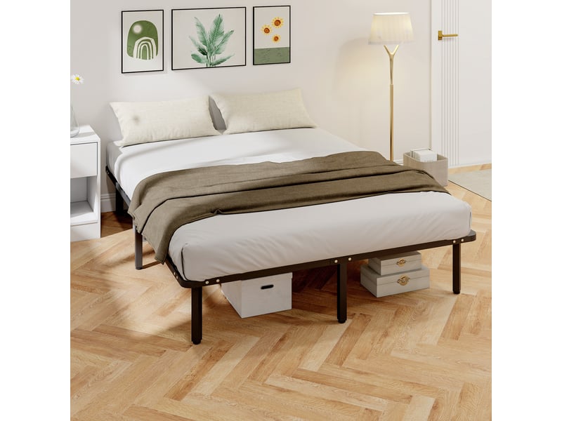  Cadre de lit 160 x 200 cm, avec rangement au-dessous, lit 2 personnes avec sommier à lattes en bois massif et pied, noir  - Conforama D