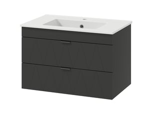 Meuble sous vasque suspendu noir mat, vasque en céramique, 2 tiroirs, 76 x 46 x 50 cm