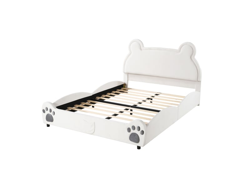 Lit enfant 140 x 200 cm en velours blanc, forme ours, sommier à 12 lattes  - Conforama A