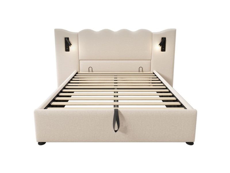  Lit rembourré double - 160x200 cm - beige - lin - lampe de lecture rotative - fonction de charge usb-c  - Conforama E