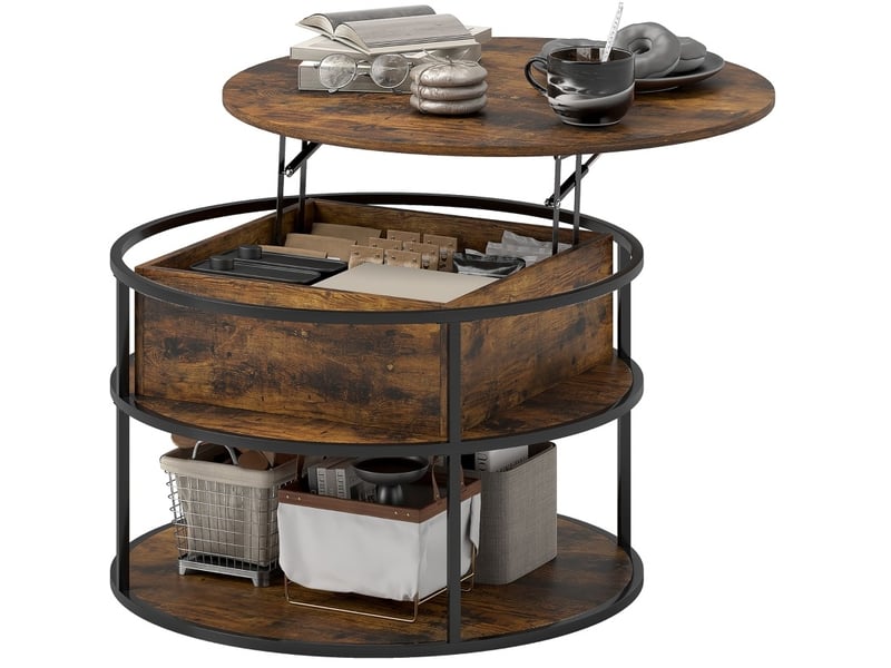  Table basse ronde relevable – rangement dissimulé et étagère – marron ø 80 cm  - Conforama A