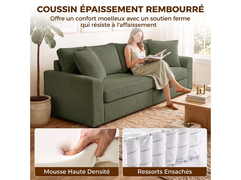  Canapé 3 places 212 cm avec 2 coussins à ressorts, tissu velours côtelé, pour salon, chambre, bureau à domicile, vert  - Conforama E