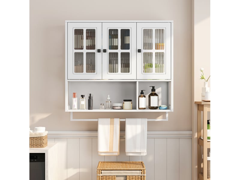  Armoire murale 88x26x82,5 cm, moderne, rangements ouverts et fermés, meuble salle de bain, en mdf, métal, blanc  - Conforama E