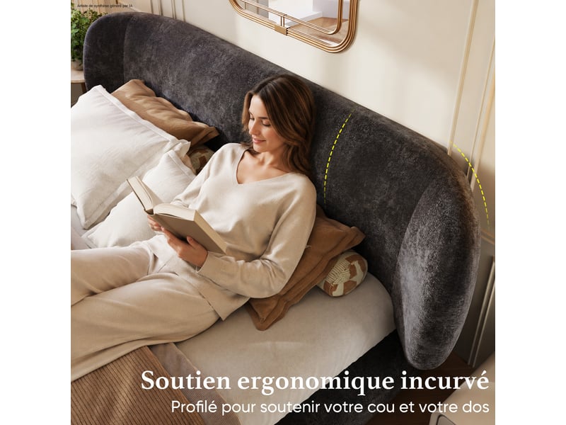  Lit 2 places 140x190 cm, tête de lit rembourrée, sommier à lattes, coins arrondis, cadre rembourré, chenille pour chambre - gris  - Conforama D