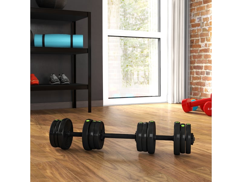 Ensemble 2 en 1 avec 2 haltères convertibles en barre, poids total 20 kg et disques de poids ajustables, noir  - Conforama C