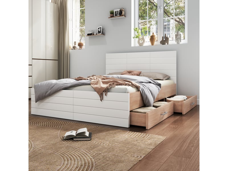  Lit en bois massif et mdf blanc et chêne clair 180x200 cm  - Conforama E