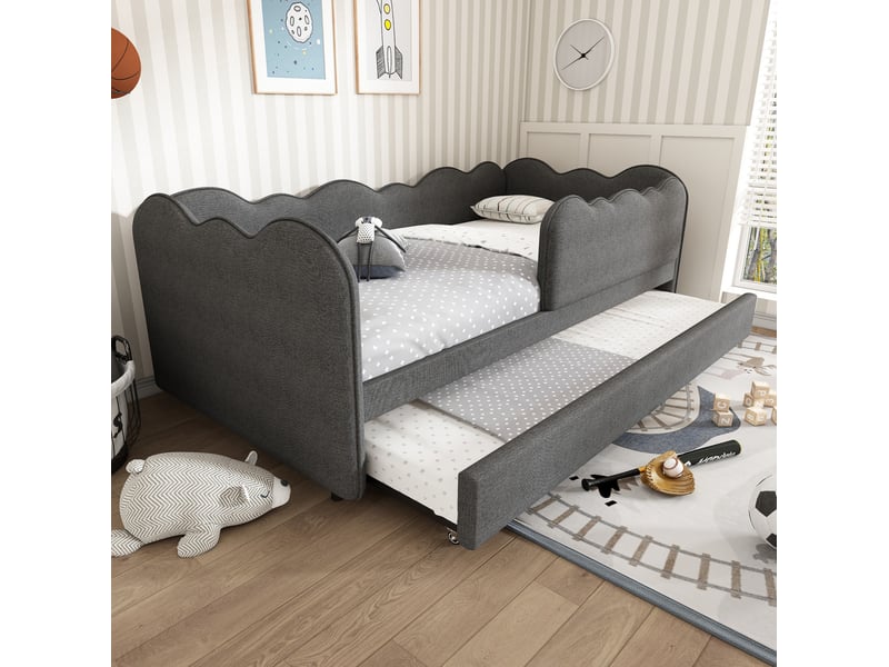 Lit enfant gigogne 90x190 cm avec sommier à lattes, revêtement en lin gris - Conforama C
