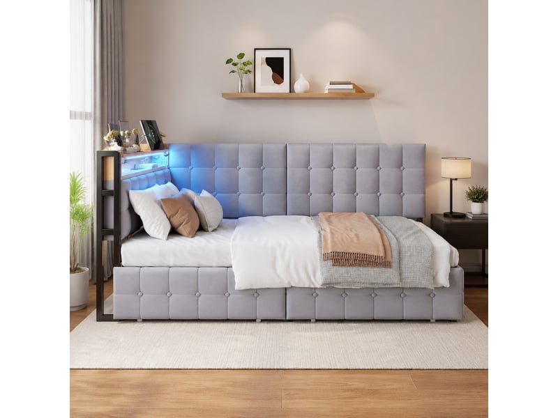  Lit avec rangement tcqpz 90 x 200 cm gris avec 2 tiroirs, led, usb et type-c, cadre métal, sommier 12 lattes  - Conforama D