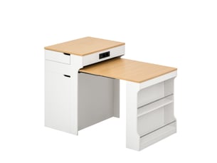 Ilot central de cuisine - 80x55x153cm - desserte extensible avec table, prises, étagères et roulettes - blanc et bois