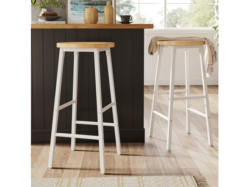  Tabourets de bar lot de 2 avec repose-pieds réglables et pieds ajustables, en mdf et métal blanc  - Conforama B