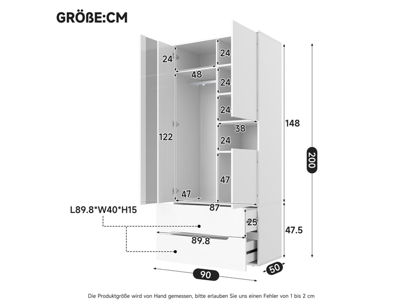 Armoire 3 portes blanche avec led, 1 tringle, 6 compartiments et 2 tiroirs, pour chambre et bureau - Conforama C