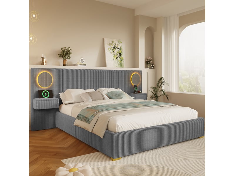 Lit double 180 × 200 cm avec tête de lit led, prises usb et tables de chevet à tiroirs en velours gris pour chambre - Conforama B