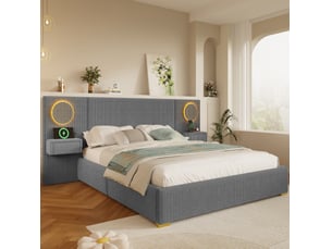 Lit double 180 × 200 cm avec tête de lit led, prises usb et tables de chevet à tiroirs en velours gris pour chambre