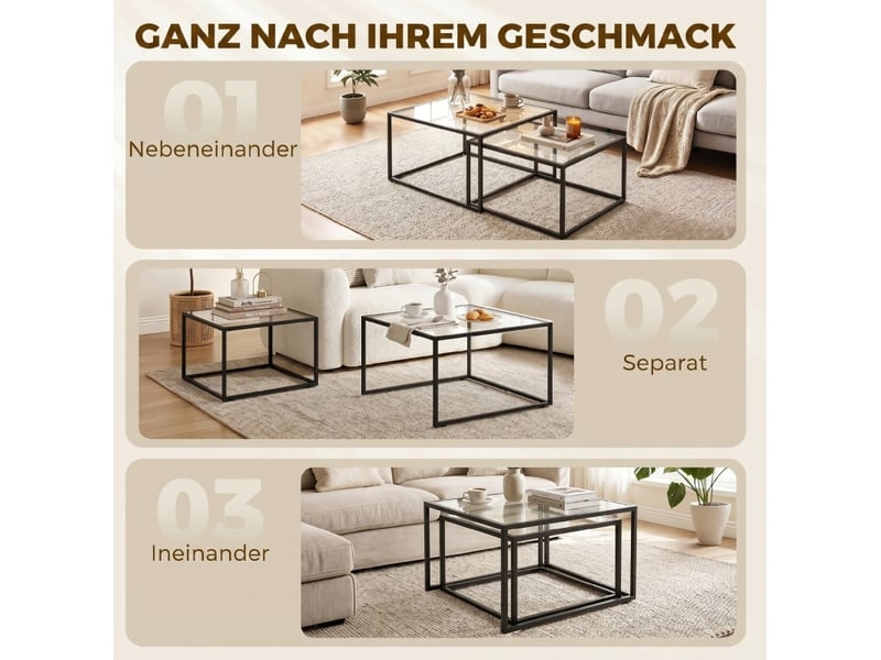  Tables basses gigognes rondes 2 pièces en verre trempé avec cadre métallique noir et pieds réglables pour salon  - Conforama E