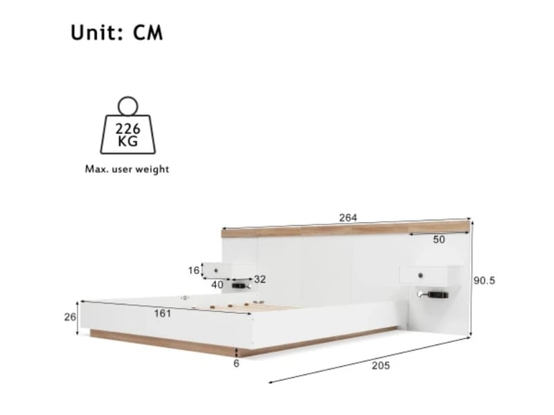  Lit double 160×200, 2 chevets led + usb-c, bois, chêneblanc, sans matelas  - Conforama C