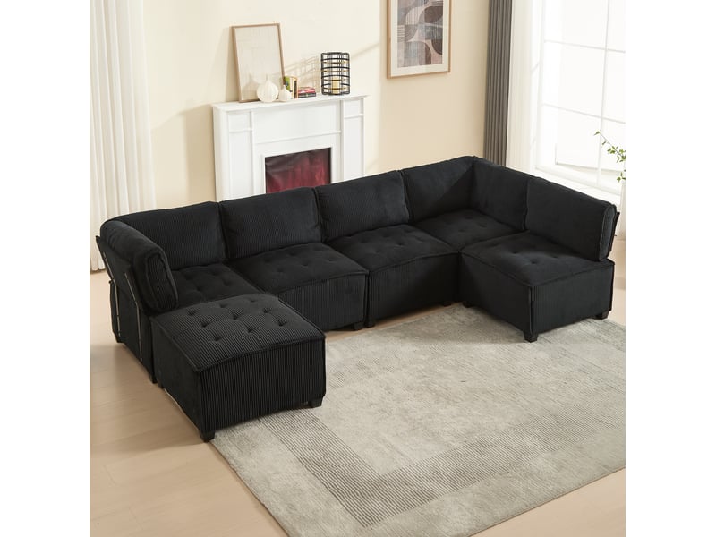  Canapé modulable 6 places en velours côtelé noir, convertible en couchage, avec poches latérales pratiques  - Conforama B