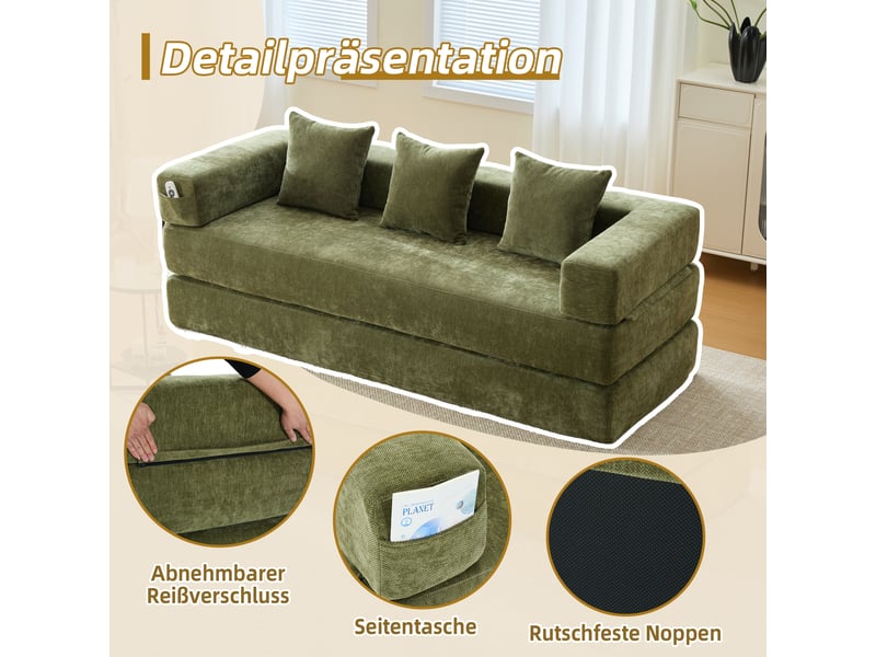  Canapé modulable,198x79x60 cm,2 places avec poches latérales,chenille,vert  - Conforama D