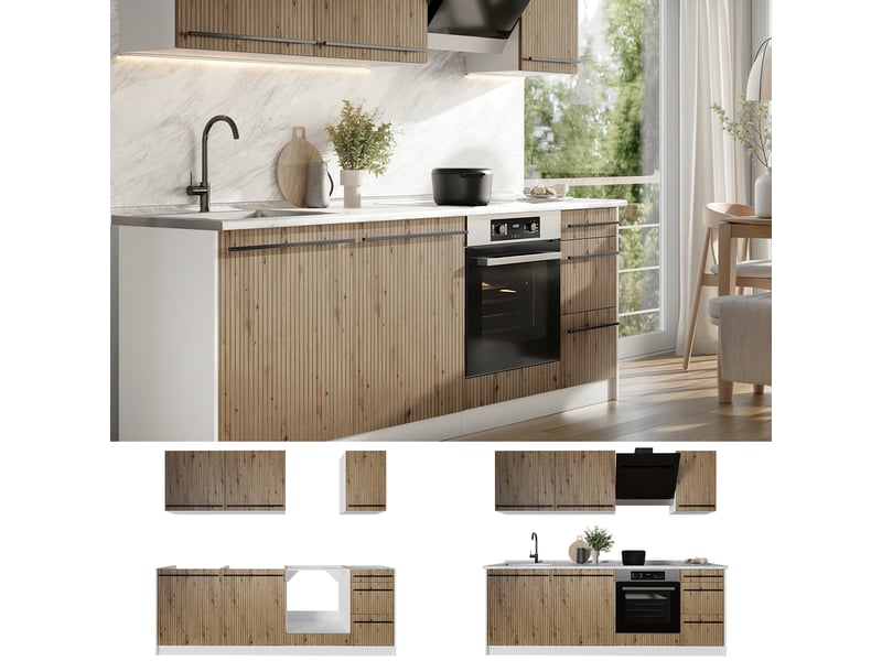  Vicco cuisine, chêne artisanblanc, 220cm plan de travail marbre  - Conforama D