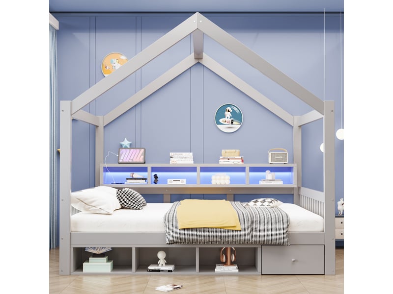  Lit cabane au sol 140x200cm avec toit, garde-corps, étagères, rangements, tiroirs, led, prise et sommier à lattes, bois, gris evarich - Conforama E
