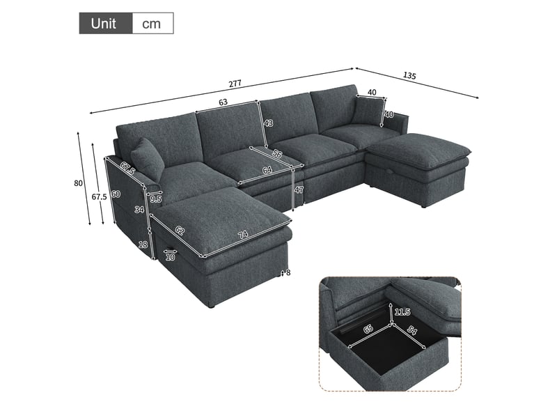  Canapé d'angle modulable modenvie 6 places en u ou en l avec 2 poufs mobiles dotés d'un rangement, tissu coton et lin gris, 277 x 135 x 80 cm  - Conforama C