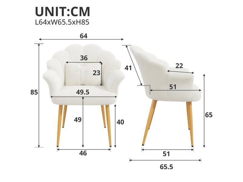  Lot de 2 fauteuils de salle à manger à dossier pétale en tissu teddy blanc, pieds dorés  - Conforama E