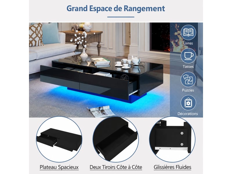  Table basse 115x55x34 cm avec led, 2 tiroirs, rangement, finition haute brillance, table de salon, noir  - Conforama B