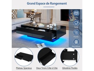 Table basse 115x55x34 cm avec led, 2 tiroirs, rangement, finition haute brillance, table de salon, noir