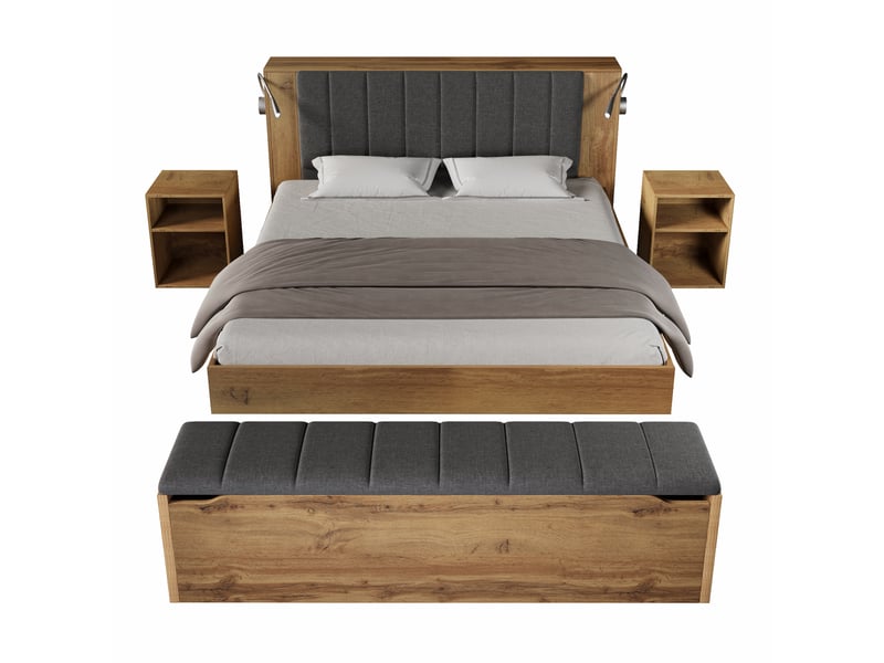  Lit double 160 x 200 cm en bois clair avec tête de lit rabattable, lampes usb et matelas  - Conforama A