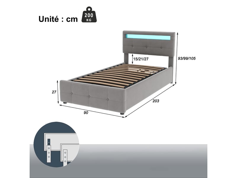  Lit coffre enfant 90x200 cm en velours, lit simple avec rangement hydraulique, led et tête réglable, sans matelas, gris  - Conforama D