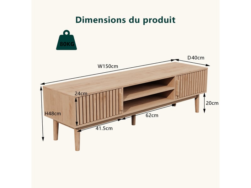Meuble TV Bois, collection natural crush, mobilier contemporain, meuble, meuble tv, 150 x 48 x 40 cm, marron  - Conforama C