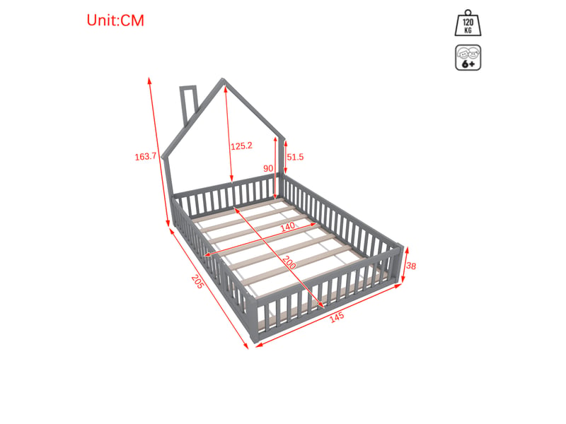  Lit enfant 140x200 cm en bois de pin et mdf, forme cheminée, gris  - Conforama E