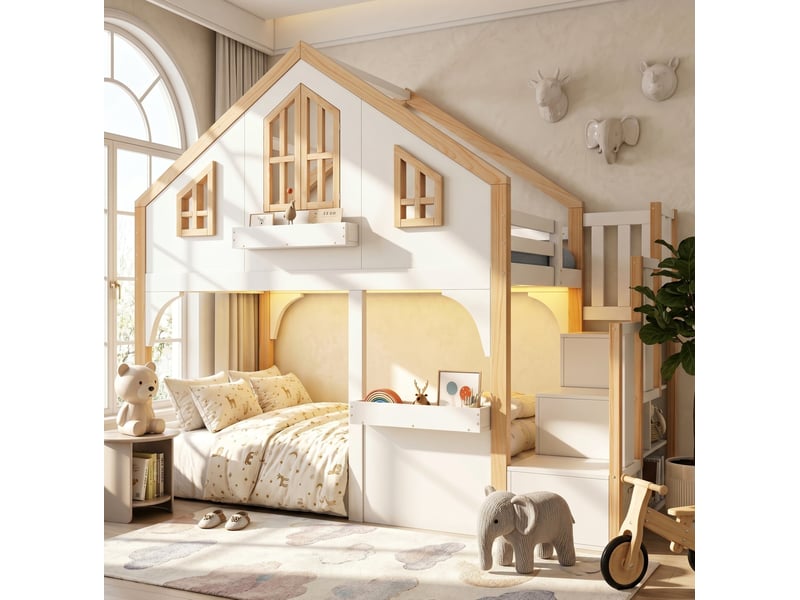  Lit mezzanine enfant 90x200 cm, fenêtre cadre, escalier avec rangement, avec éclairage led, bois + mdf, blanc sans matelas  - Conforama E