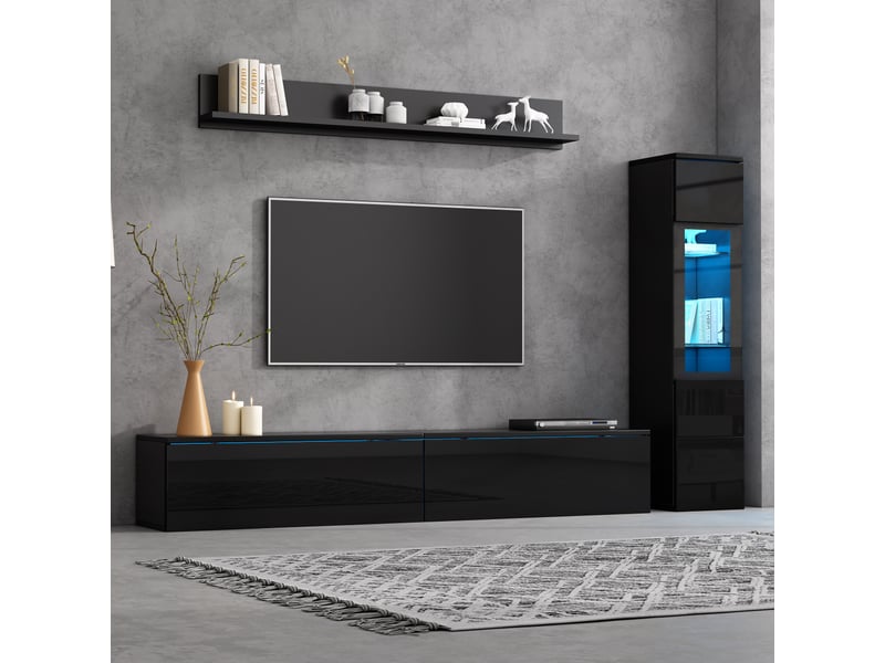  Meuble tv - ensemble de meubles muraux tv 3 pièces avec éclairage led, ensemble de meubles de salon noir brillant  - Conforama C