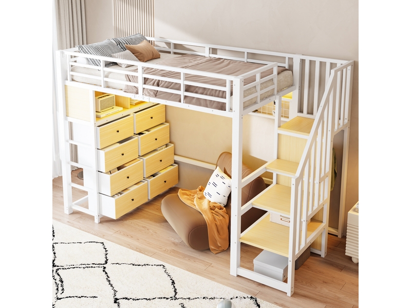  Lit mezzanine enfant 90 × 200 cm 1 place avec 8 tiroirs, étagères, led réglable et armoire intégrée, sans matelas, blanc  - Conforama B