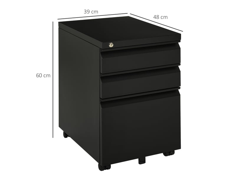  Caisson de bureau à roulettes 39 x 48 x 60 cm noir en acier, 3 tiroirs verrouillables pour dossiers  - Conforama C