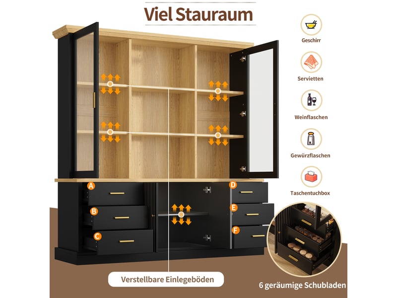  Buffet haut 140x40x185cm avec 6 grands tiroirs, portes vitrées et dispositif anti-basculement, meuble de rangement pour cuisine et salle à manger, noir evarich - Conforama D