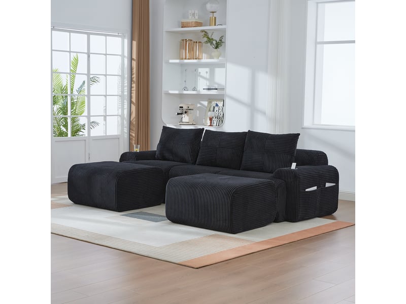  Canapé modulaire en velours côtelé - 3 places - 2 tabourets - porte-gobelet intégré - poche de rangement latérale 268x174x80cm - Conforama E
