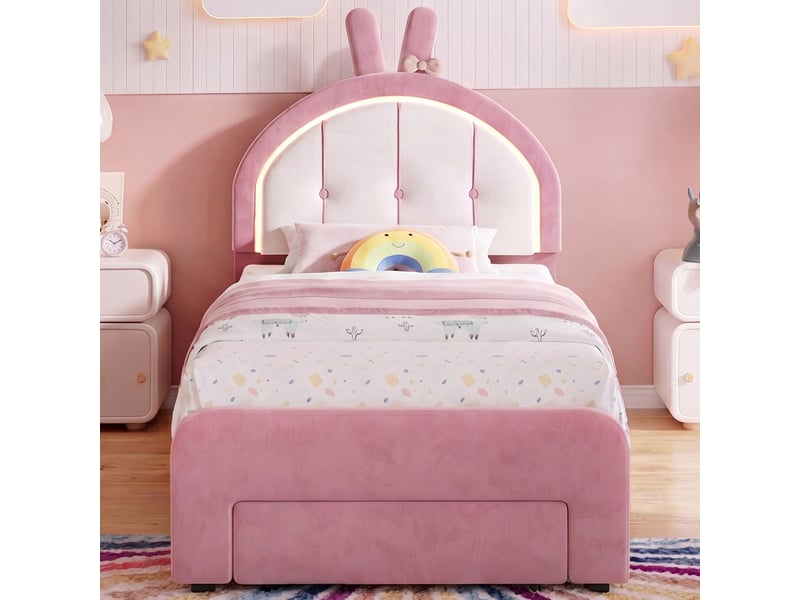  Lit simple, 90 x 200 cm, avec une tête de lit à motif lapin et lumière led, velours, rose  - Conforama D
