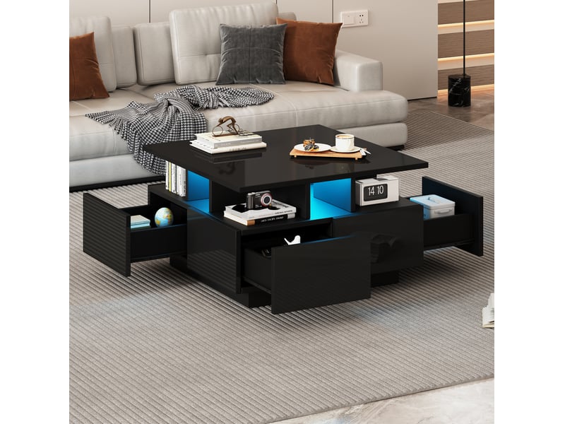  Table basse led 70x70x40 cm noire brillante avec 4 tiroirs  - Conforama B