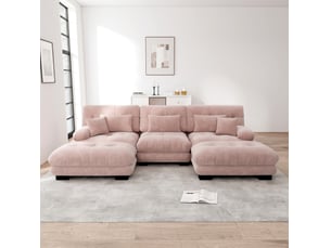 Canapé modulable d'angle u 313x145x81 cm, convertible et pouf, 3 places, chenille, rose