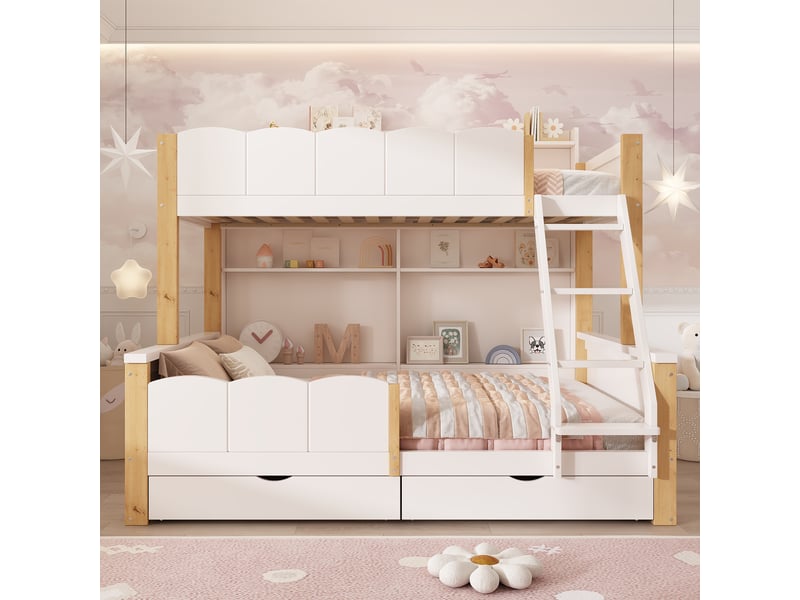  Lit superposé enfant 90x200+140x200 cm - échelle inclinée - avec 2 tiroirs - compartiment de rangement - blanc et naturel (sans matelas)  - Conforama B