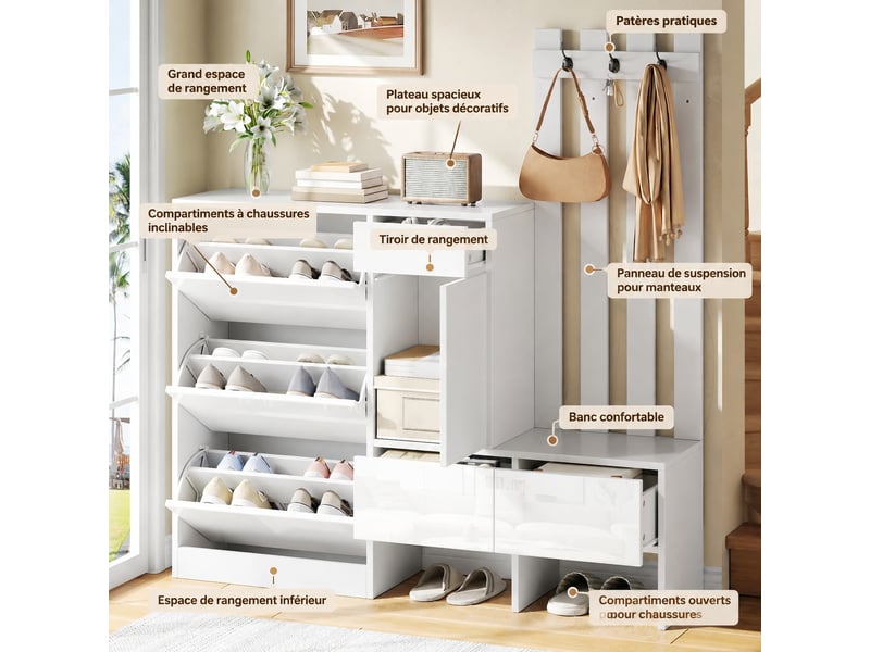  Meuble d’entrée 7 en 1 avec banc et patères, 3 abattants, 160 x 35 x 160 cm, blanc  - Conforama E