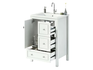 Meuble salle de bain sur pied 62 cm avec vasque céramique blanc 3 tiroirs 1 porte