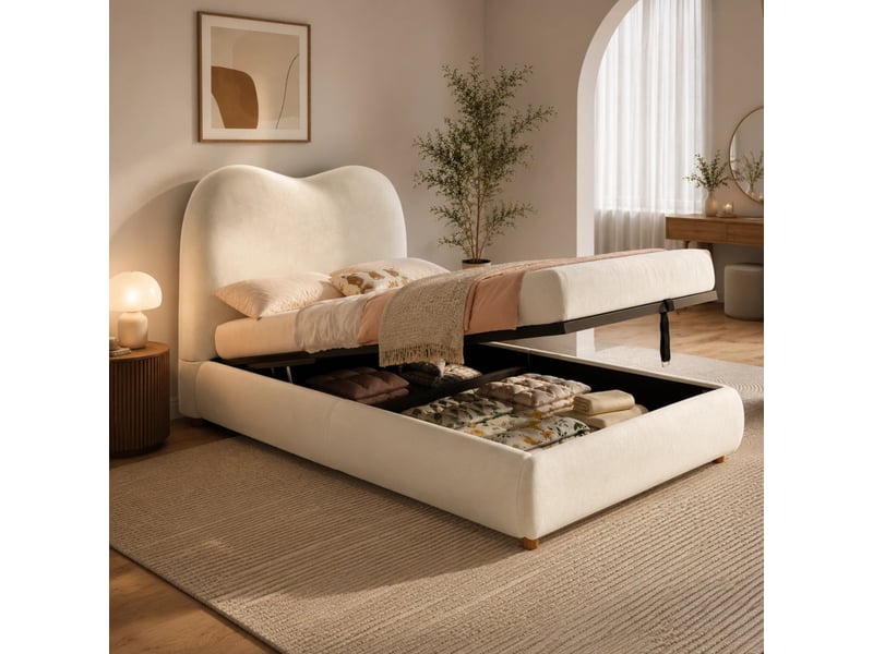  Lit coffre enfant simple 90×200 cm, rangement relevable et tête de lit rembourrée - okmyhome- velours beige, sans matelas  - Conforama C