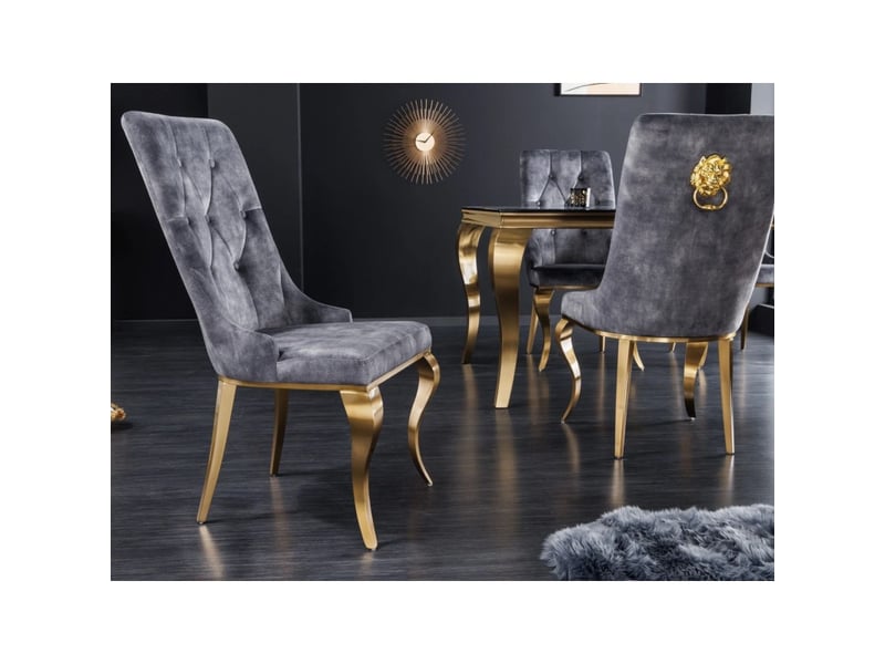  Lot de 2 chaises baroques velena en velours gris capitonné avec pieds dorés et tête de lion  - Conforama D